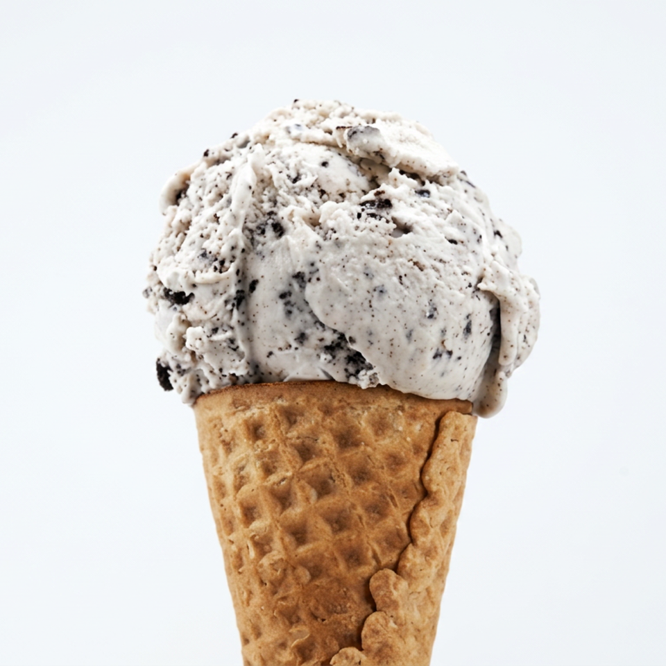 Cookies-and-cream ice cream scoop in a textured waffle cone against a light background.