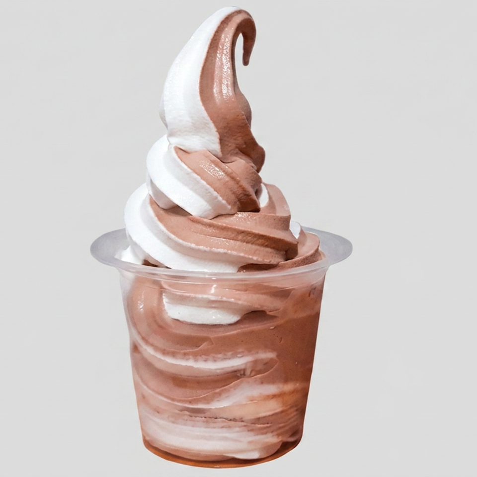 Swirled chocolate and vanilla soft-serve ice cream in a clear cup against a light gray background.