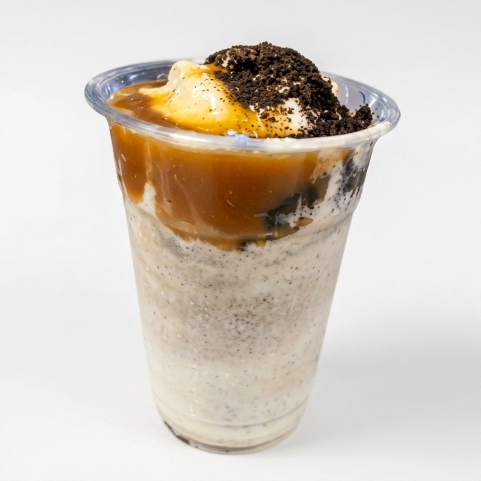 Layered vanilla dessert in a clear cup, topped with caramel sauce, whipped cream, and chocolate cookie crumbs.